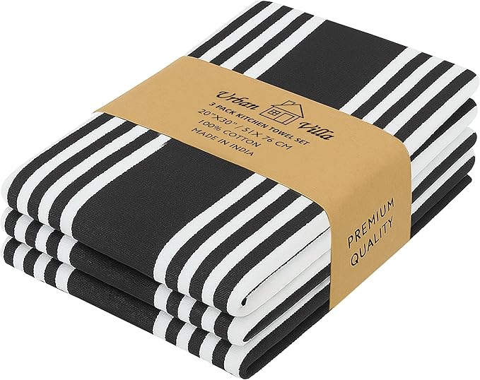 Urban Villa Kitchen Towels 100% Cotton Pack of 3, Highly Absorbent Quick Drying Super Soft Premium Dish Towels for Kitchen with Hanging Loop Hand & Tea Towels - 20x30 Inch, (Black & White, Striped)