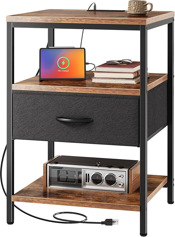 SUPERJARE Night Stand with Charger Station, 27.7 Inch Tall Nightstand with Adjustable Fabric Drawer, Bed Side Table, Fabric Drawer Dresser for Bedroom, Living Room, Rustic Brown and Black