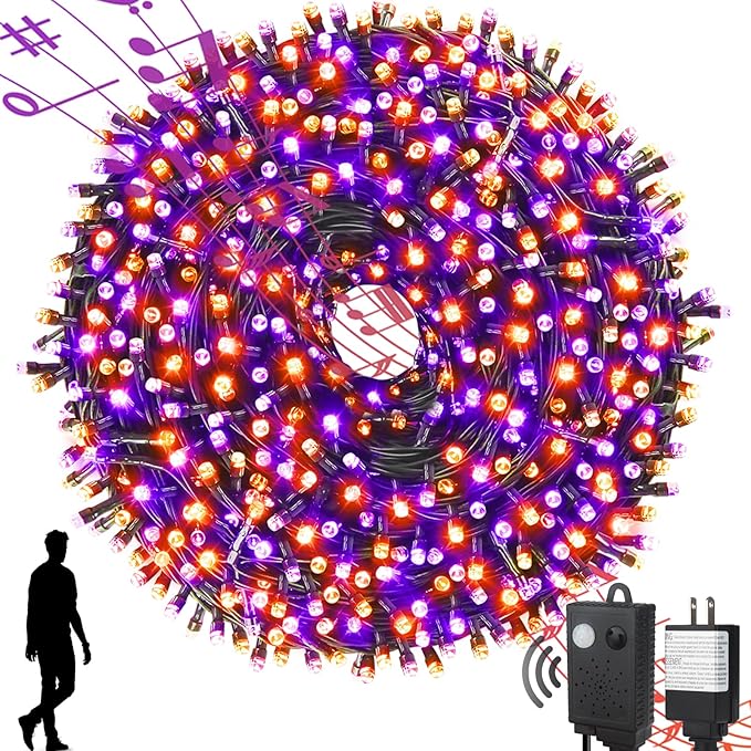 Motion Sensor Spooky Music Halloween Decorations Lights for Indoor/Outdoor, 108FT 300LED String Lights, Orange & Purple 2 Colors in 1 Waterproof Decor for Tree Party
