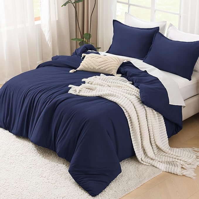 Litanika Comforters Navy Blue Super King Plus Size, 3 Pieces Lightweight Solid Bedding Set & Collections, All Season Fluffy Bed Set (128x120In Comforter & 2 Pillowcases)