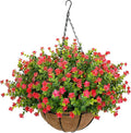 Artificial Hanging Flowers Basket for Outdoor, 16 Fake Flowers Look Real UV Resistant, Faux Hanging Plants for Porch, Balcony, Patio, Garden, Spring Summer Decor,Red