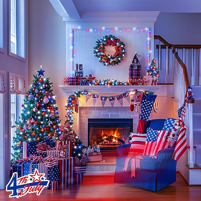 JMEXSUSS 2 Pack Red White and Blue Lights Outdoor, 33ft 100 LED 4th of July Lights Battery Operated, 8 Modes Patriotic Decorations for Indoor Outside Independence Day American Flag Holiday