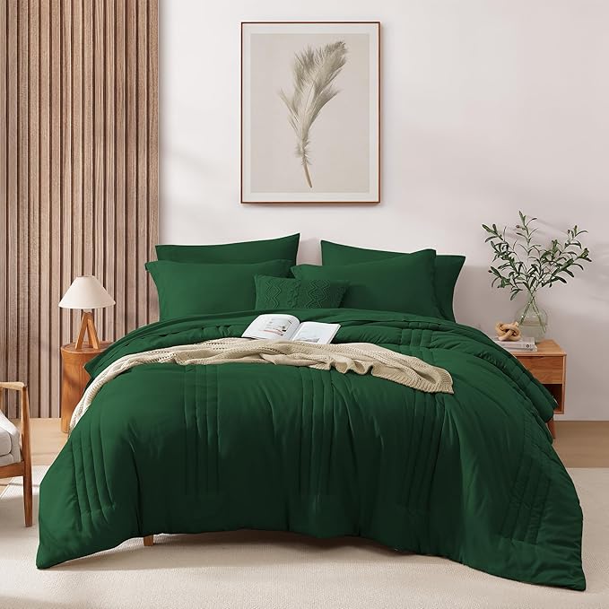 Monbix Queen Comforter Set - 7 Pieces Emerald Green Bed in a Bag Queen Bedding Sets with Comforters, All Seasons Down Alternative Comforter Bed Set with Sheets, Pillowcases & Shams