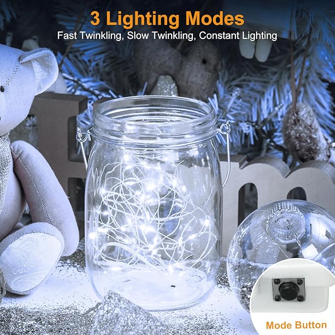 btfarm 30 Pack LED Fairy Lights Battery Operated [3 Modes] Twinkle Lights, 7FT 20 LED Mini String Lights Mason Jars Silver Wire Small Christmas Wedding Party, Cold White