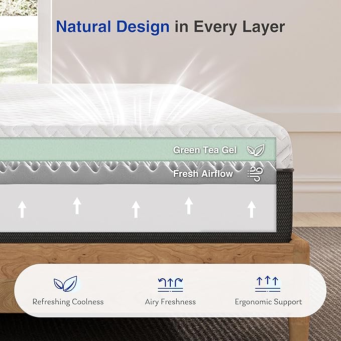 10 Inch Green Tea Memory Foam Mattress, Queen Memory Foam Mattress in a Box, Gel Infused Foam for Pressure Relief and Cool Sleep, CertiPUR-US Certified, Medium Firm
