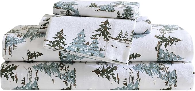 Eddie Bauer - King Sheets, Cotton Flannel Bedding Set, Brushed for Extra Softness, Cozy Home Decor, Oeko-Tex Certified (Jolly Trees Red, King)