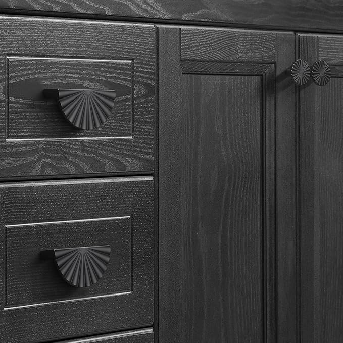 5 Pack 3 Inch (76mm) Matte Black Cabinet Pulls Cup Flat Drawer Handles Kitchen Cupboard Pull Bathroom Dresser Sunflower Handle Unique Hardware for Furniture Door Wardrobe Hardware TYH-MB-5