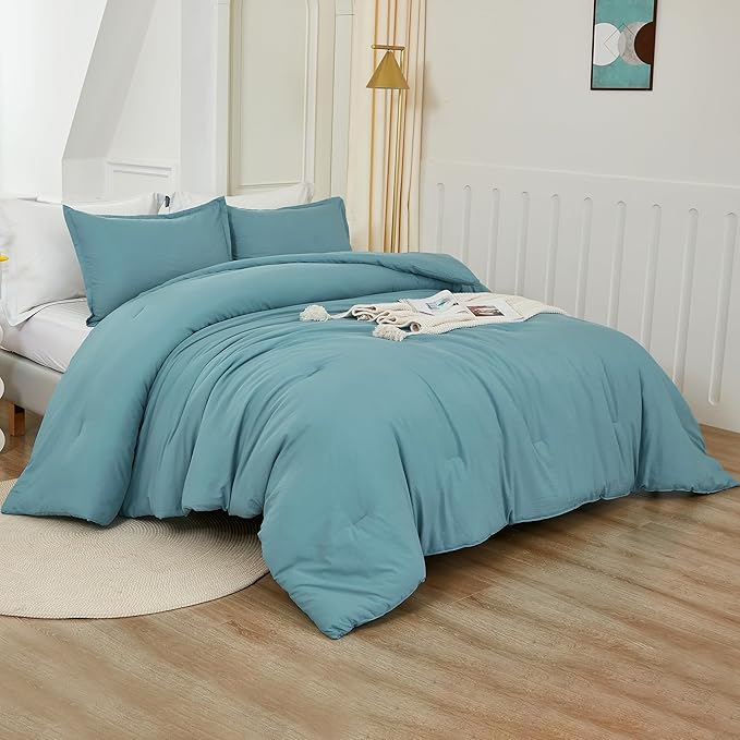 Litanika Grayish Teal Comforter Set Twin/Twin XL Size, 2 Pieces Lightweight Solid Bedding Comforter Set, All Season Fluffy Bed Set (66x90In Comforter & 1 Pillowcase)