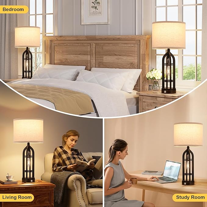 Seealle Table Lamps for Living Room - Black Bedside Lamp for Bedroom with USB C+A & Outlet, Farmhouse Lamps for Night Stands, 3-Way Dimmable Touch Lamps for Living Room with Oat Shade(Single)