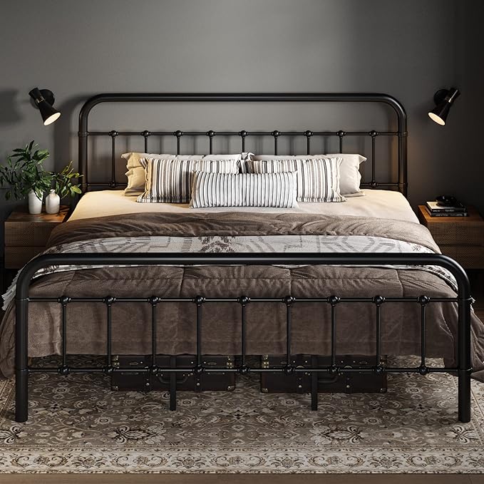 Allewie King Size Metal Platform Bed Frame with Victorian Style Wrought Iron-Art Headboard/Footboard, No Box Spring Required, Black