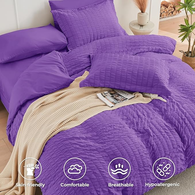 HYMOKEGE Dark Purple Queen Comforter Set Seersucker 7 Pieces, All Season Luxury Bed in a Bag Queen for Bedroom, Bedding Set with Comforter, Sheets, Pillowcases & Shams