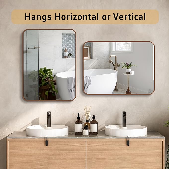 Rectangle Bathroom Mirror for Wall Decor, 40x30 Inch Brushed Bronze Metal Framed Rectangular Mirror for Bathroom Vanity, Living Room, Bedroom, Farmhouse, Hangs Vertically or Horizontally
