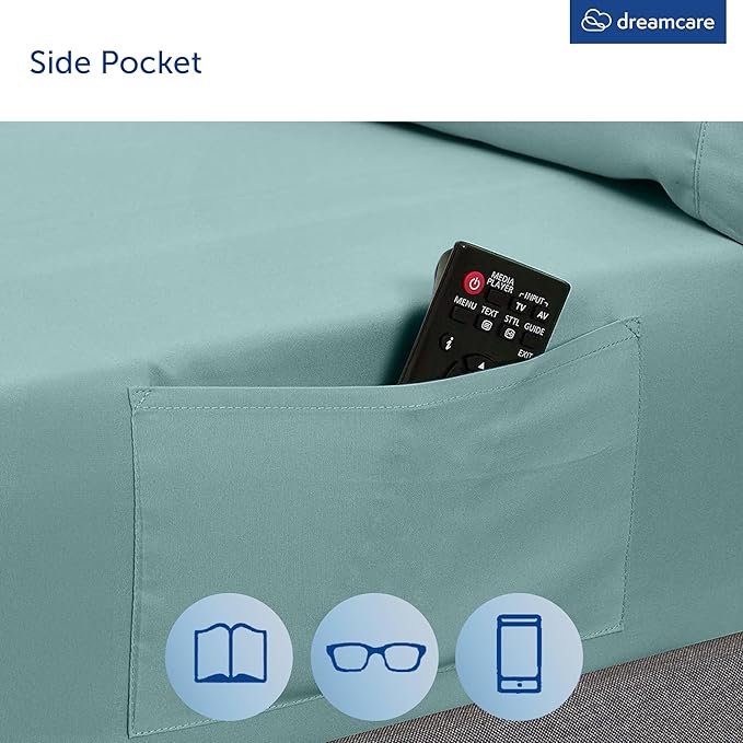 DREAMCARE King Size Sheets Set - Cooling Bed Sheets - 4pcs Set - up to 15" Deep Pocket King Sheet Set – Soft & Long Lasting Cooling - 100% Fine Brushed Microfiber with Side Pocket - Spa Blue
