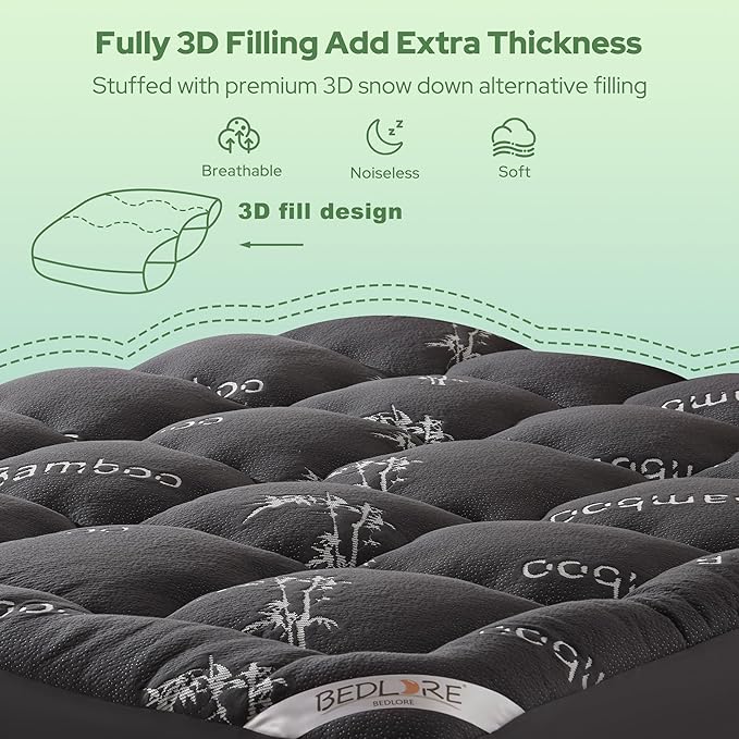 BEDLORE Queen Mattress Topper Viscose Derived from Bamboo, Thick Pillow Top Mattress Pad with Stretchable Pockets for 6-18 inches Mattress, Soft Mattress Topper for Back Pain Relief(Dark Gray)