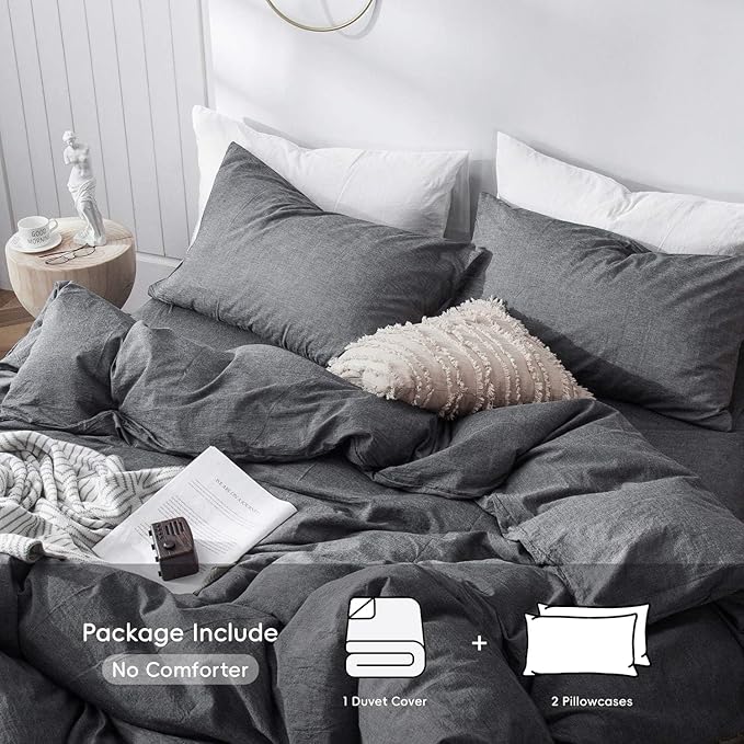 MooMee Bedding Duvet Cover Set 100% Washed Cotton Linen Like Textured Breathable Durable Soft Comfy (Heathered Dark Grey, Super King 108"x98")