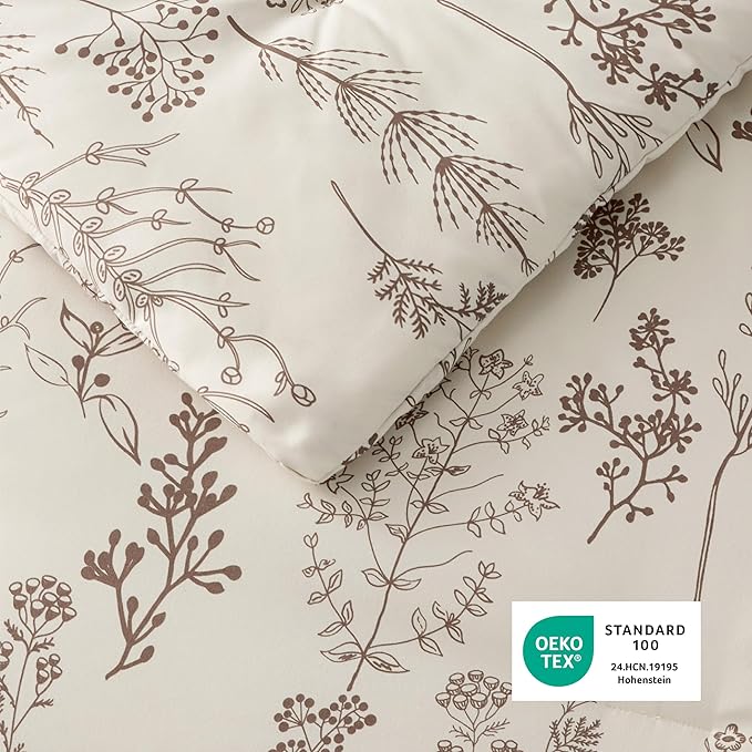 Bedsure Full Comforter Set - Beige Bed Set, 3 Pieces Cute Floral Bedding, 1 Soft Botanical Flowers Comforter and 2 Pillow Shams