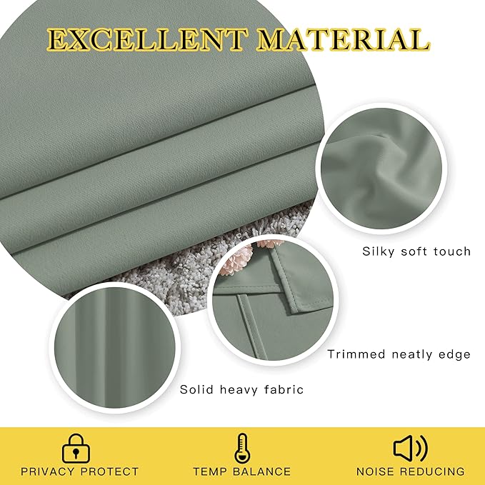 NICETOWN Sage Green Blackout Curtains 63 inch Length for Kitchen, Grommet Energy Saving Thermal Window Treatments Light Blocking Drapes for Bedroom, 2 Panels, W46 x L63