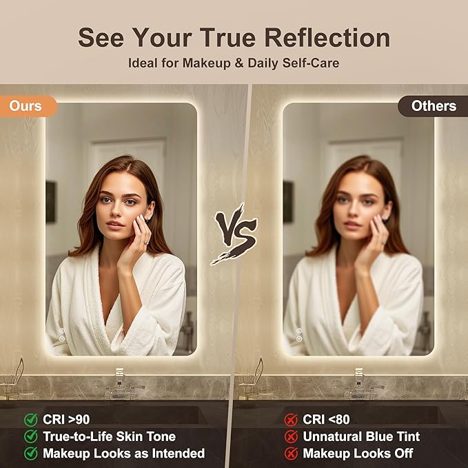 40‘’x30'' Lighted Mirrors for Bathroom Wall Backlit Rectangular Rounded Corners, LED Bathroom Mirror Frameless with Lights Anti Fog, Dimmable, 3 Colors,Tempered Glass, Shatter-Proof (Color 2)
