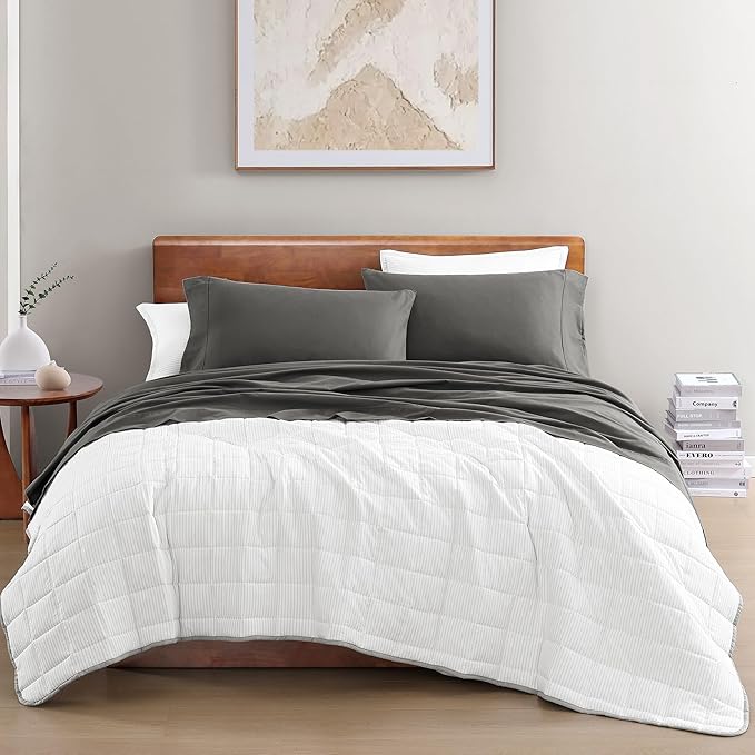 LANE LINEN 100% Organic Cotton Full Size Sheets, Hotel Like Crisp Percale Low Pill Fade Resistant Reinforsed Seam Cotton Sheets, Naturally Cooling 15" Deep Pocket Full Bedding Set- Charcoal