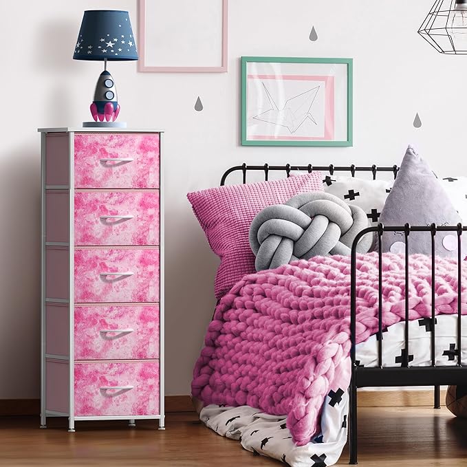 Sorbus Fabric Dresser for Kids Bedroom - Chest of 5 Drawers, Tall Storage Tower, Clothing Organizer, for Closet, for Playroom, for Nursery, Steel Frame, Fabric Bins - Wood Handle (Tie-dye Pink)
