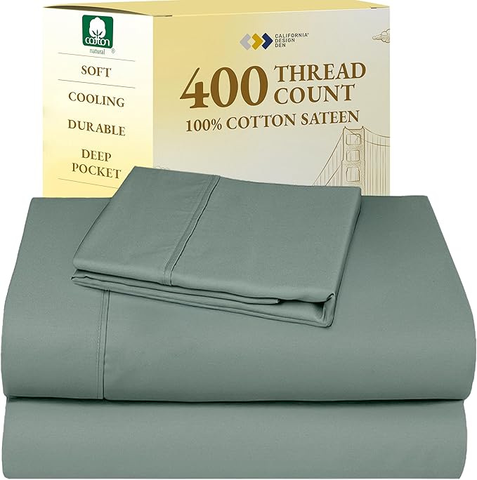 California Design Den Twin XL Sheet Sets - Soft 400 Thread Count Sateen, Natural 100% Cotton Sheets Set with Deep Pockets, Cooling and Durable Bedding - Sage Green