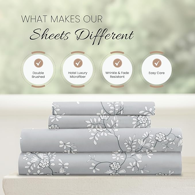 Linen Market 4 Piece King Sheet Set - Breathable, Double-Brushed Patterned Cooling Sheets – Oeko-TEX Certified Ultra Soft & Wrinkle-Free 16" Deep-Pocket King Sheets - Easy Care Trellis Vine Gray