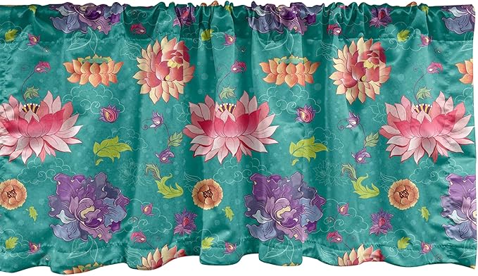 Ambesonne Floral Window Valance, Pattern with Lotus Flowers Peonies and Chrysanthemums Oriental Motifs Garden Art, Curtain Valance for Kitchen Bedroom Decor with Rod Pocket, 54" X 12", Teal