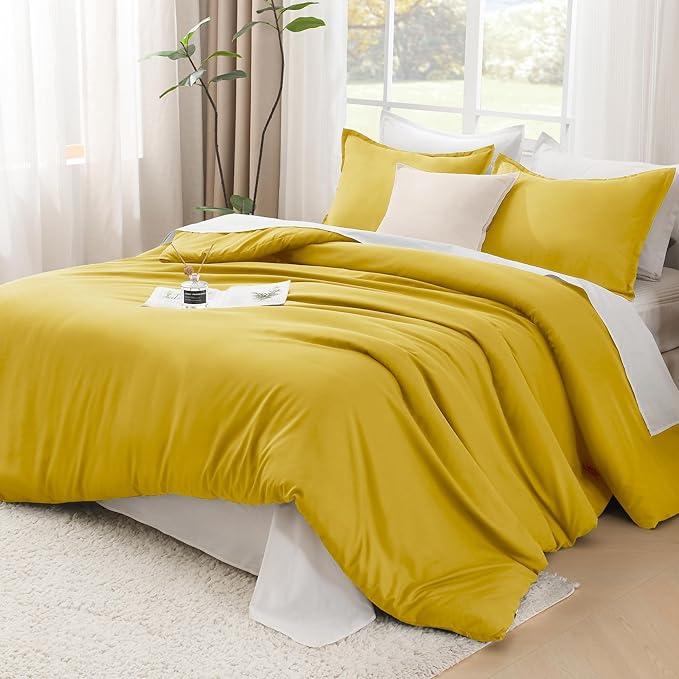 Litanika Mustard Yellow Comforter Set California King Size, 3 Pieces Cal King Lightweight Solid Bedding Comforter Set, All Season Fluffy Bed Set (104x96In Comforter & 2 Pillowcases)