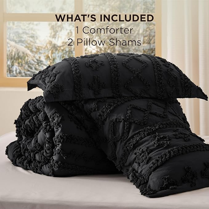 Bedsure Tufted Boho Comforter Set Full Size - Black Boho Bed Set, GentleSoft™ 3 Pieces Farmhouse Shabby Chic Embroidery Bedding, Gifts for Woman, Soft Jacquard Full Comforter for All Seasons