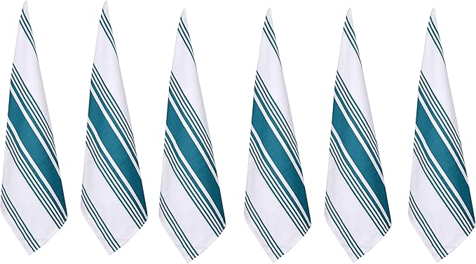 Urban Villa Kitchen Towels 100% Cotton Pack of 6, Highly Absorbent Quick Drying Super Soft Premium Dish Towels for Kitchen with Hanging Loop Hand & Tea Towels - 20x30 Inch, (Teal & White, Striped)