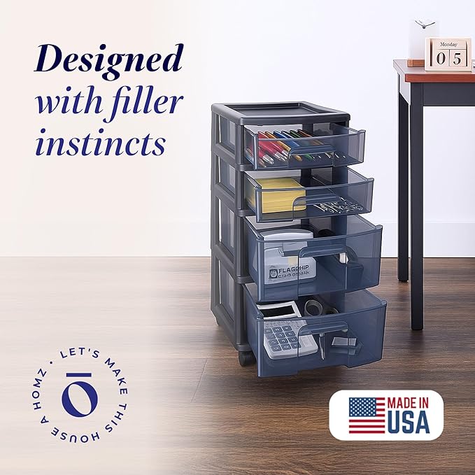 HOMZ Drawer Tower, 4-Tier Clear Plastic Storage Organizer Cart, Black Frame - Rolling Drawer Containers with Wheels for Bathroom, Bedroom, Office, and Classroom Organization