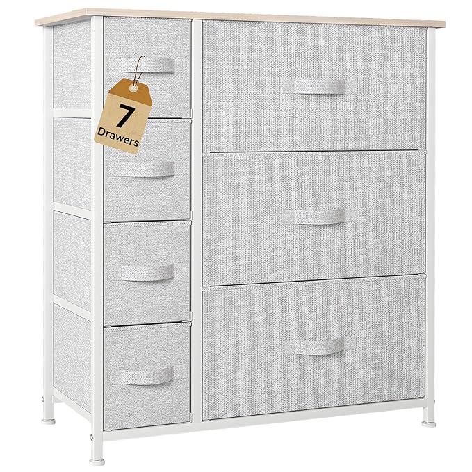 DWVO Dresser for Bedroom, 7 Drawers Fabric Dresser, Organizer Unit for Living Room, Hallway, Closets - Sturdy Steel Frame, Wooden Top & Easy Pull Fabric Bins, Light Gray