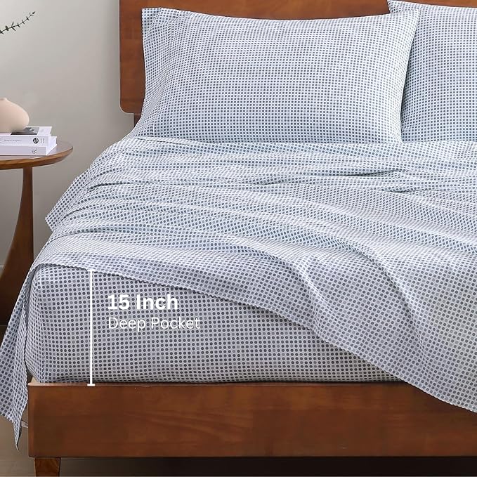 LANE LINEN 100% Organic Cotton Twin Sheets Set - 3 PC Bedding Sheets & Pillowcases - Breathable & Cooling Bed Sheets - Deep Pocket up to 15", Sheets for Twin Size Bed: Polka Dot (Blue)