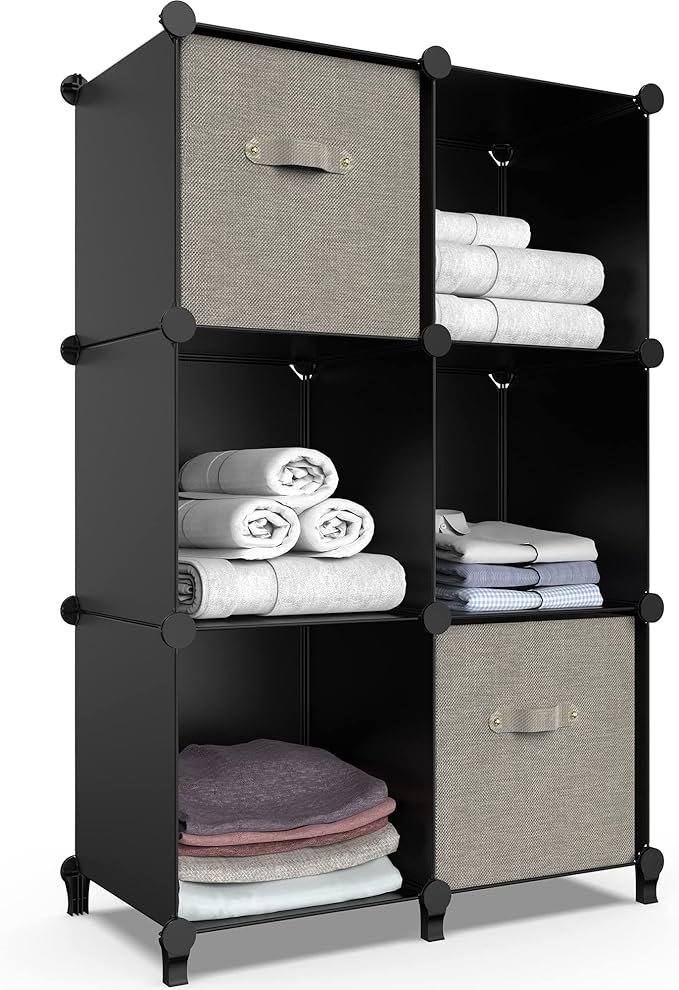 6-Cube Storage Organizer, Closet Organizer Storage Cabinet Shelf Bookcase Bookshelf with Metal Hammer, Storage Cubes Organizer Cabinet for Kids, Closet, Bedroom, Bathroom(11.8x11.8x11.8 inch)Black