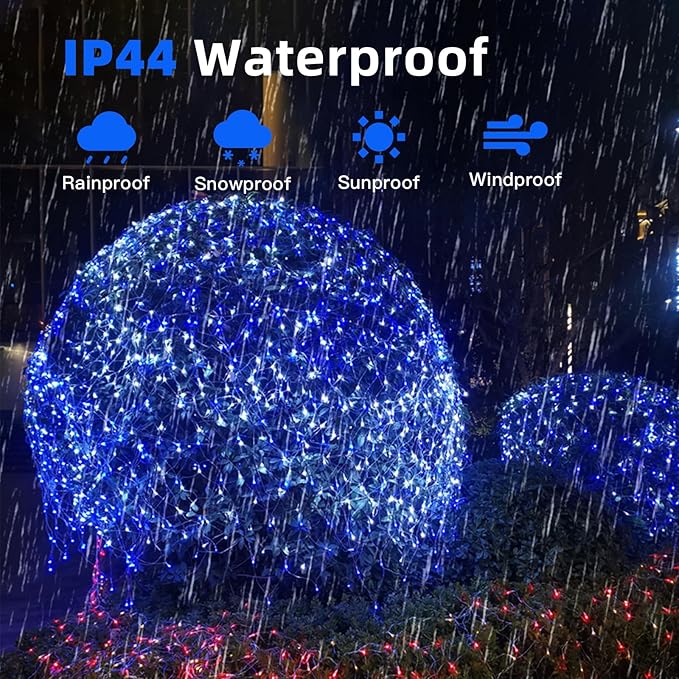 Net Mesh String Lights Waterproof, 200 Light Bubbles, 8 Lighting Modes, for Indoor Outdoor, Curtain, Christmas Tree, Bush, Party, Wedding, Fairy, Wall Decoration (9.8 ft x 6.6 ft, Blue)