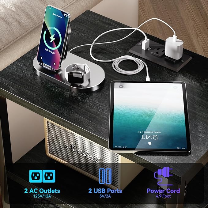 Furologee Nightstands Set of 2, End Tables with Charging Station and LED Lights, Black Night Stands with 2 Fabric Drawers, Bedside Tables Set of 2 for Living Room/Bedroom,Black Oak