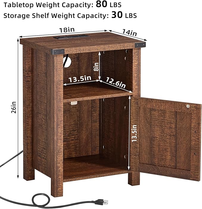 Night Stand Set of 2, 18 Inch Farmhouse Nightstand with with Charging Station and USB Port, Rustic Wood Bedside Table with Magnetic Door, Bed Side Tables for Bedroom, Reclaimed Barnwood