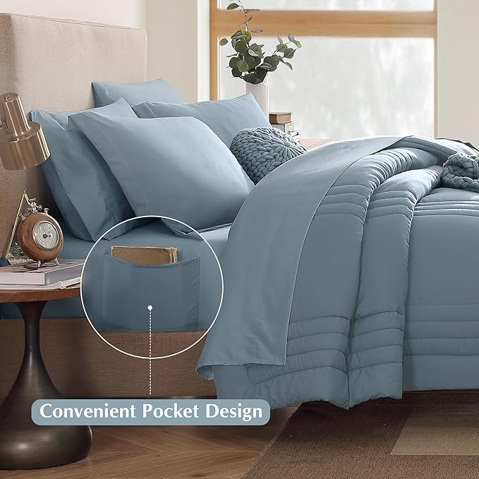 Monbix Queen Comforter Set - 7 Pieces Dusty Blue Bed in a Bag Queen Bedding Sets with Comforters, All Seasons Down Alternative Comforter Bed Set with Sheets, Pillowcases & Shams