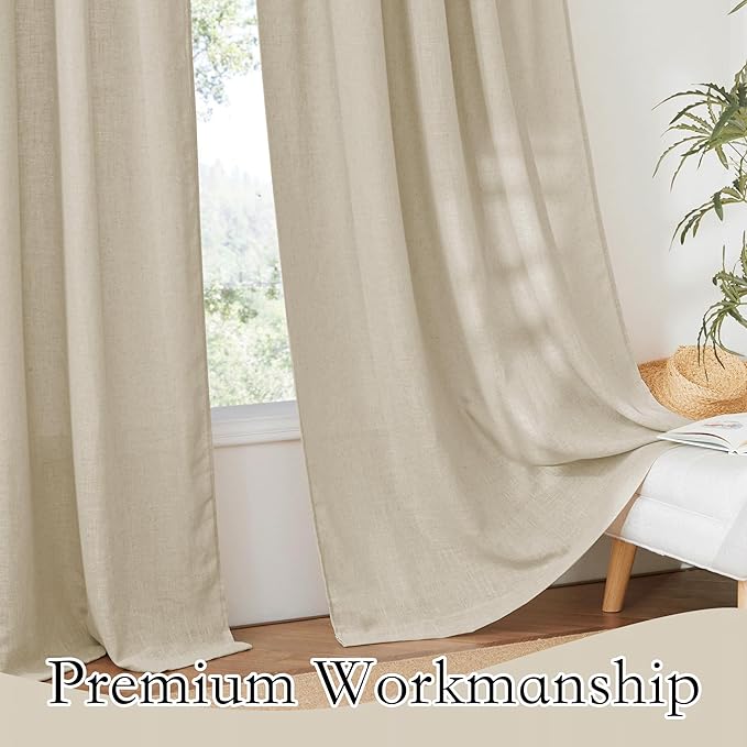 RYB HOME Linen Sheer Curtains - Solid Privacy Textured Semi Sheer Drapes Light Glare Filtering Airy Window Covering for Living Room Bedroom Doorway, Beige, W 52 x L 45 inches Long, 2 Panels