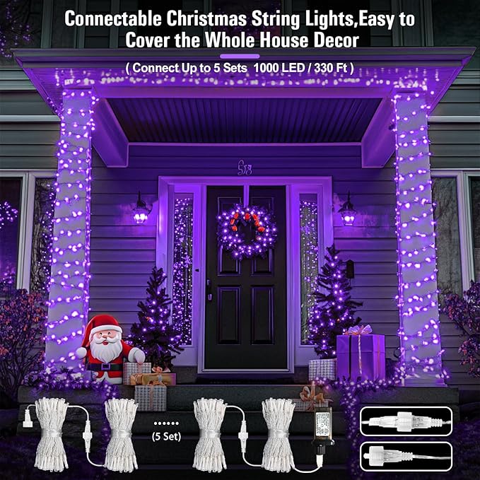 JMEXSUSS Purple Christmas Lights Indoor Outdoor Clear Wire, 66ft 200 LED Purple Lights for Christmas Tree, 8 Modes Deep-Violet String Lights Plug in for Christmas Bedroom Garden Party Xmas Decorations