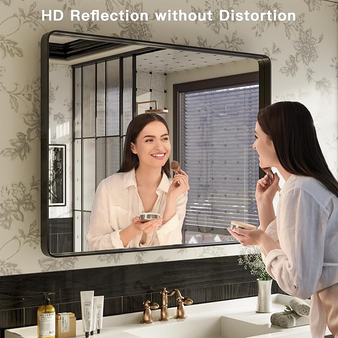 ISKM Black Framed Mirror for Bathroom 48" x 36" Decorative Rectangular Wall Mounted Mirror Shatter-Proof Best for Washroom, Bedroom, Living Room (Horizontal/Vertical)