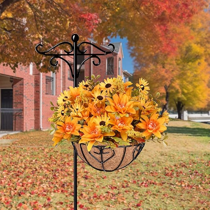 Waipfaru Artificial Fake Fall Hanging Mums Plants Flowers Basket for Outdoor, Faux Mums Floral Hanging Plant in Hang Planter Look Real UV Resistant for Porch Patio Balcony Yard Outdoor Decor (2Pcs)