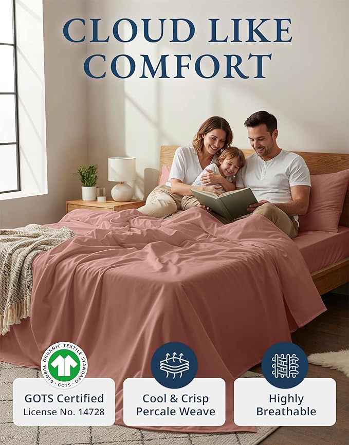 LANE LINEN 100% Organic Cotton Queen Sheets, Eco Friendly Mercerized Cotton Fully Elasticized Bedding Sheets & Pillowcase Set, Low Pill Fade Resistant Naturally Cooling Bedding Queen Size- Rose Dawn