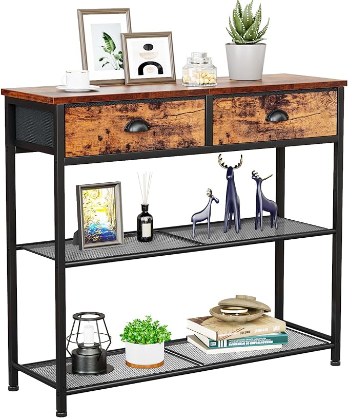 Furologee Console Sofa Table with Storage Shelf for Entry Way, Small 30'' Entryway Table with 2 Fabric Drawers, Industrial Display Shelves for Hallway, Entrance, Foyer, Rustic Brown