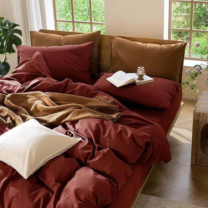 MooMee Bedding Duvet Cover Set 100% Washed Cotton Linen Like Textured Breathable Durable Soft Comfy (Solid Fired Brick Red, Queen 90"x90")