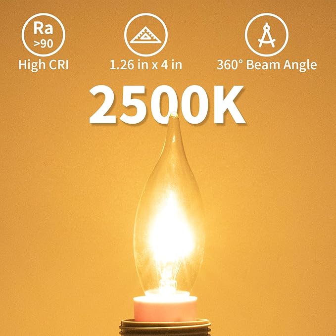 20-Pack E12 Candle Light Bulbs 25W Warm White 2500K, 240 Lumen Dimmable Chandeier Light Bulbs for Ceiling Fan, Pendants or Outdoor, CA10 Clear Candelabra Base Bulbs