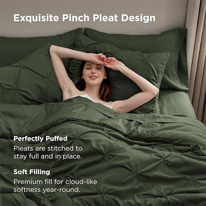 Bedsure California King Comforter Set Olive Green - Bed in a Bag Cal King Bedding Set 7 PCS, GentleSoft™ Pintuck Bed Set Gift for Family, Pinch Pleat Green Comforter with Sheets, Pillowcases & Shams