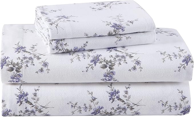 Laura Ashley - Flannel Sheets Twin Size, Anti-Pilling & Wrinkle Resistant Cotton, Touchably Soft for All-Season Comfort - Bed Sheets with Matching Pillowcase & Fitted Sheet (Jessika Lavender)