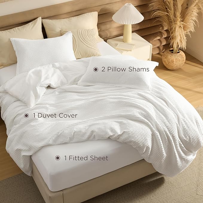 Bedsure 100% Cotton Duvet Cover King Size with Fitted Sheet - 4 Pieces Coconut White Waffle Weave Bedding Set, GentleSoft™ and Breathable, Includes 1 Duvet Cover 104x90, 1 Fitted Sheet, 2 Pillow Shams