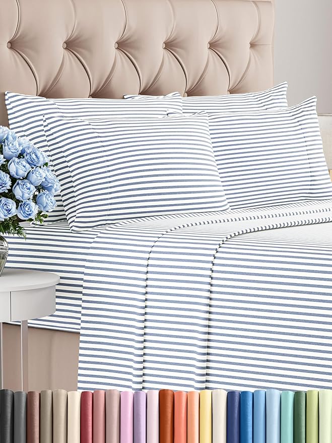 King 6 Piece Sheet Set - Comfy Breathable & Cooling - Soft Hotel Luxury Bedding Set with 8-16 Inch Deep Pockets - 1 Flat & 1 Fitted Sheet & 4 Pillowcases - Wrinkle Free & Easy Care - Blue Stripes 2